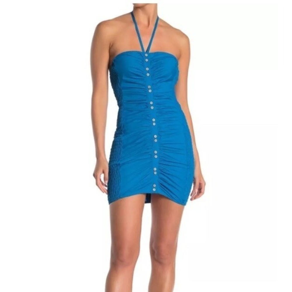 Free People Blue Hold On Halter Dress S Smocked Body Con